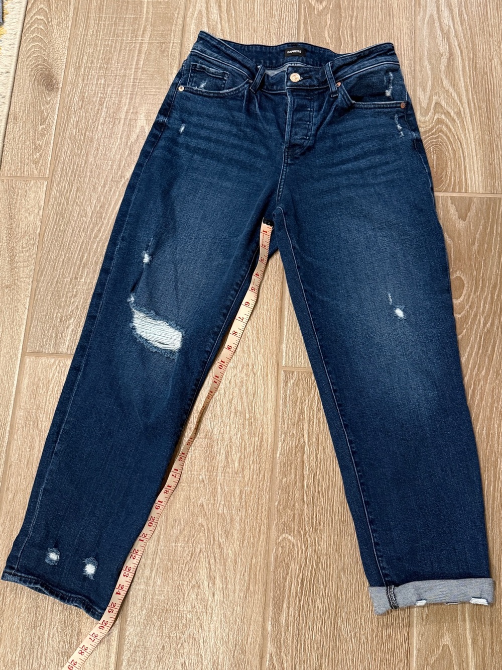 Women’s Button Fly Boyfriend Jeans in Dark Blue with Distressed Detail